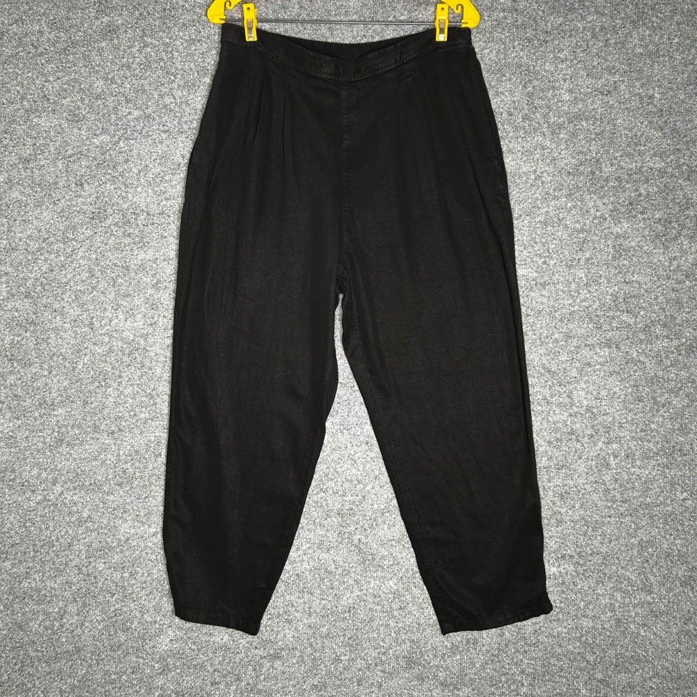 Tianello Black Tencel Rayon Pleated Front Tapered Leg Pants Women High Rise L